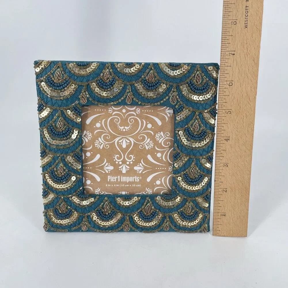 Pier 1 Imports Beaded Sequin Photo Frame 4x4 Teal Gold Boho Square 6.5”